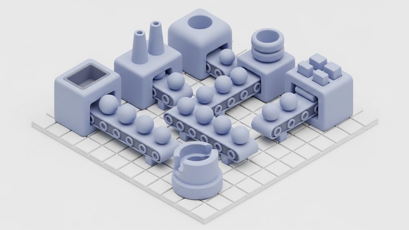(Isometric 3D Clay): Soft Factory + Simplifying Backend Processes