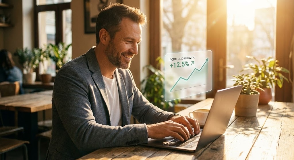 (Lifestyle Stock with UI Overlay): Success Context + Reinforcing Human Value