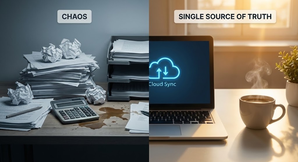 (Split Screen): Visual Contrast — Single Source of Truth