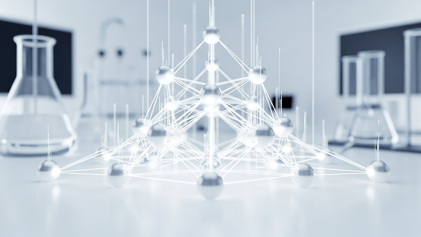 (Abstract 3D AI Visualization): Silver Nodes + Connecting Intelligent Network