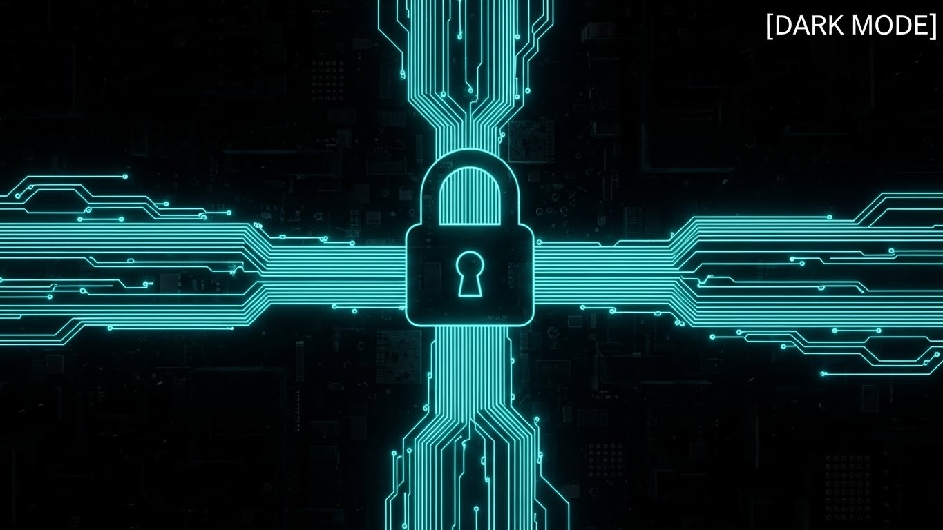 (Futuristic Neon/Dark Mode): Circuit Padlock + Enterprise Security Architecture