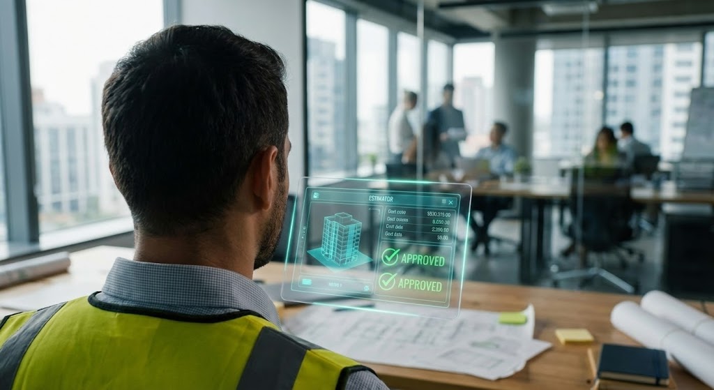 (Lifestyle Stock with UI Overlay): Estimator Focus + Augmented Digital Precision