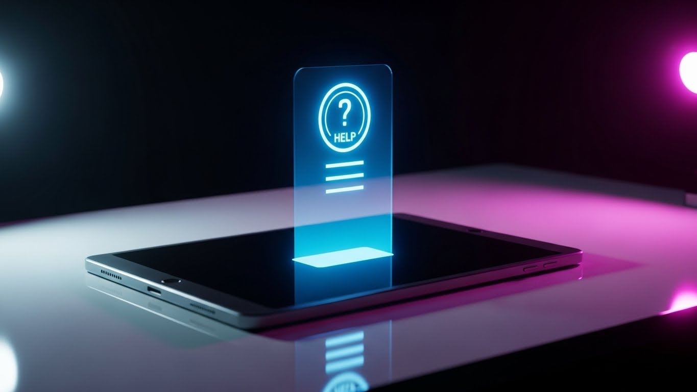 (Holographic UI over 3D Render): Tablet Help + On-Demand Expertise