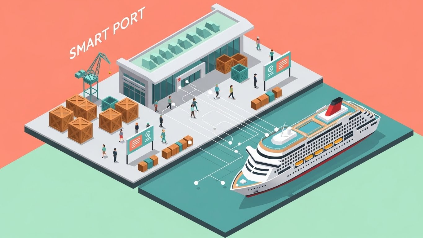 (Abstract 2D flat vector): Smart Port + Seamless Logistics Integration