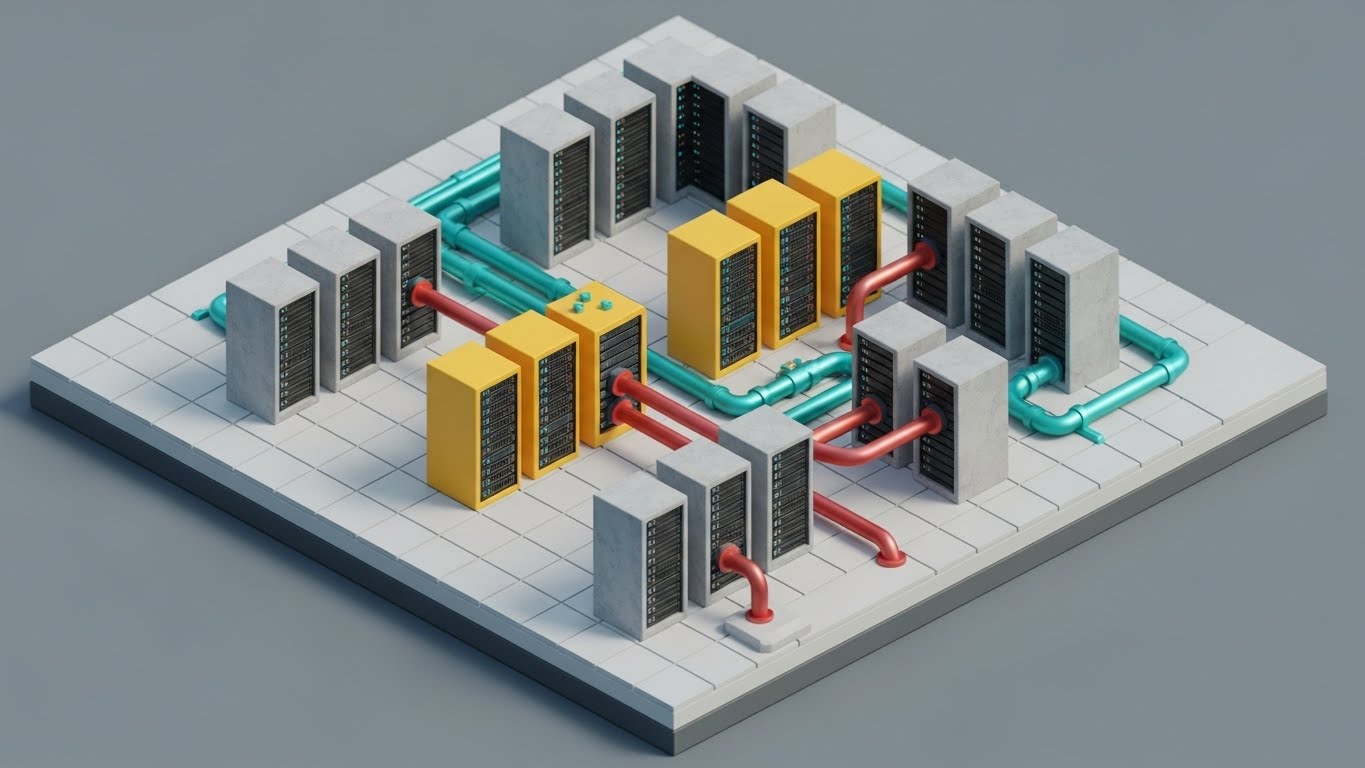 (Isometric 3D): Server Racks + Pipeline Architecture
