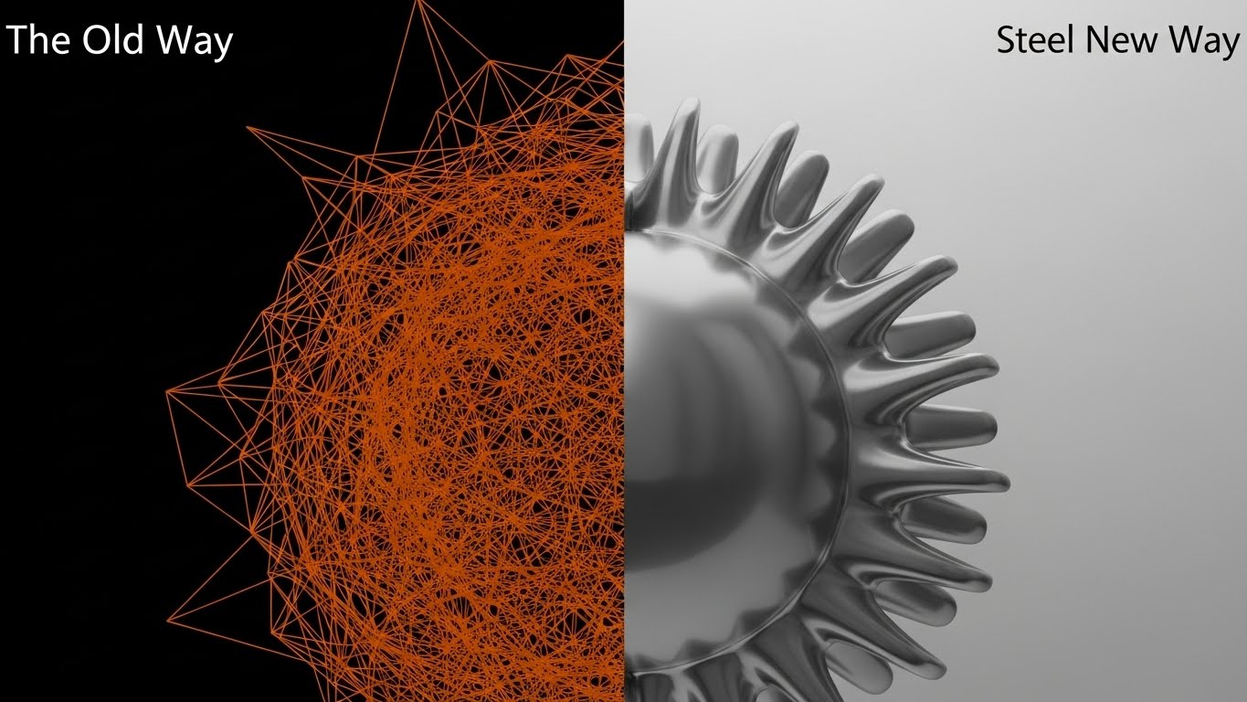(Split Screen): Wireframe Chaos vs. Steel Perfection