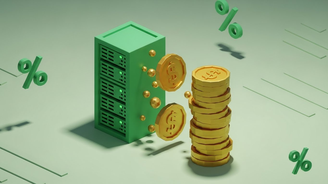 (Low-Poly 3D): Green Servers to Gold Coins
