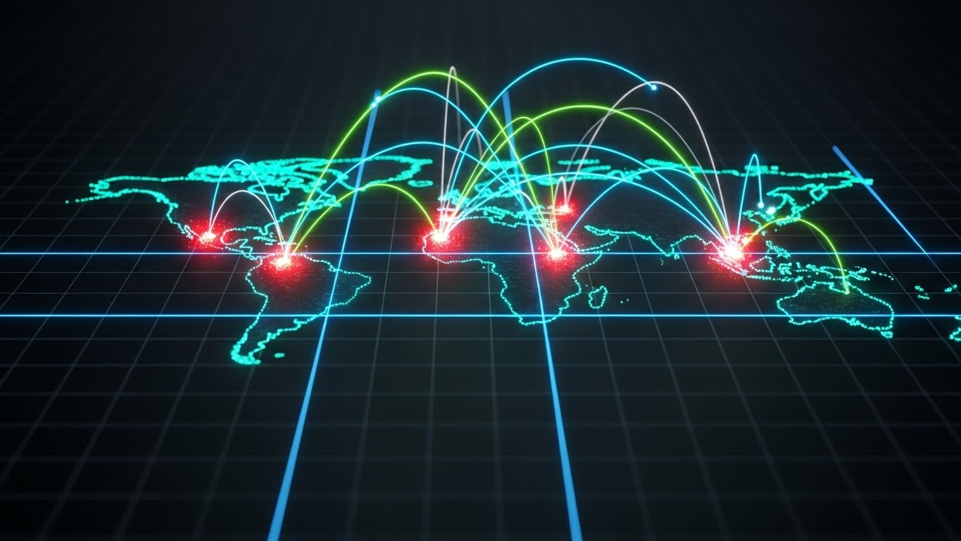 (Futuristic Neon/Dark Mode): Encrypted Arcs visualizing secure global data connectivity.