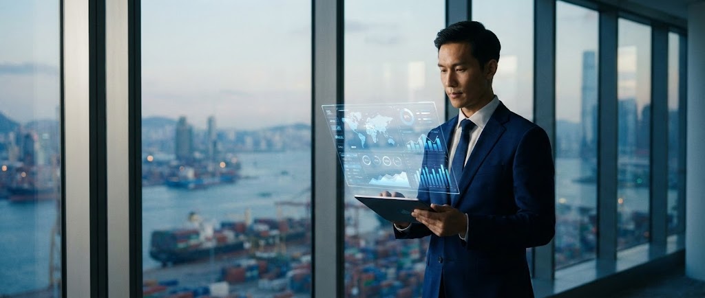 (Lifestyle Stock with UI): Holographic HUD empowering the executive decision-maker.