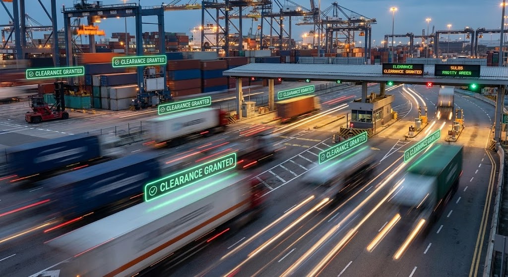 (Hyper-lapse Stock): Neon Green UI + Accelerating Gate Throughput