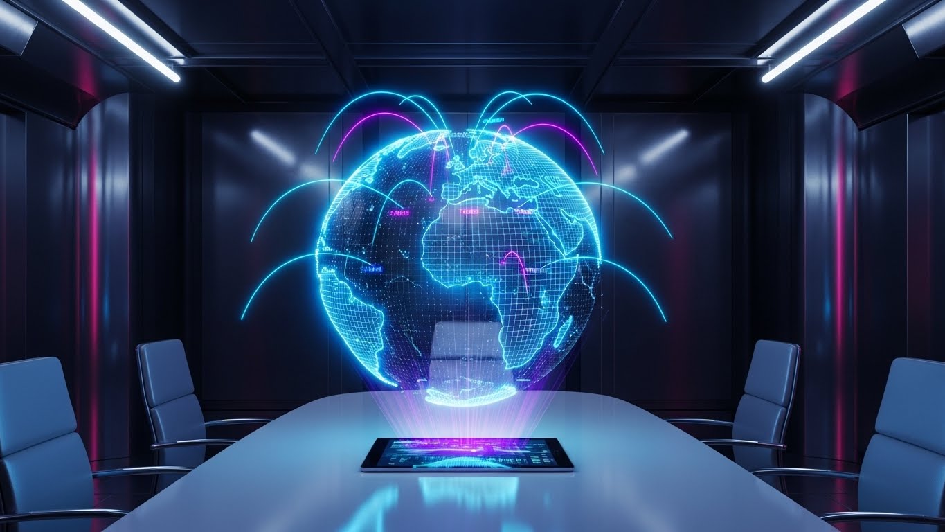 (Holographic UI over 3D Render): Laser Purple + Projecting Proactive Global Monitoring