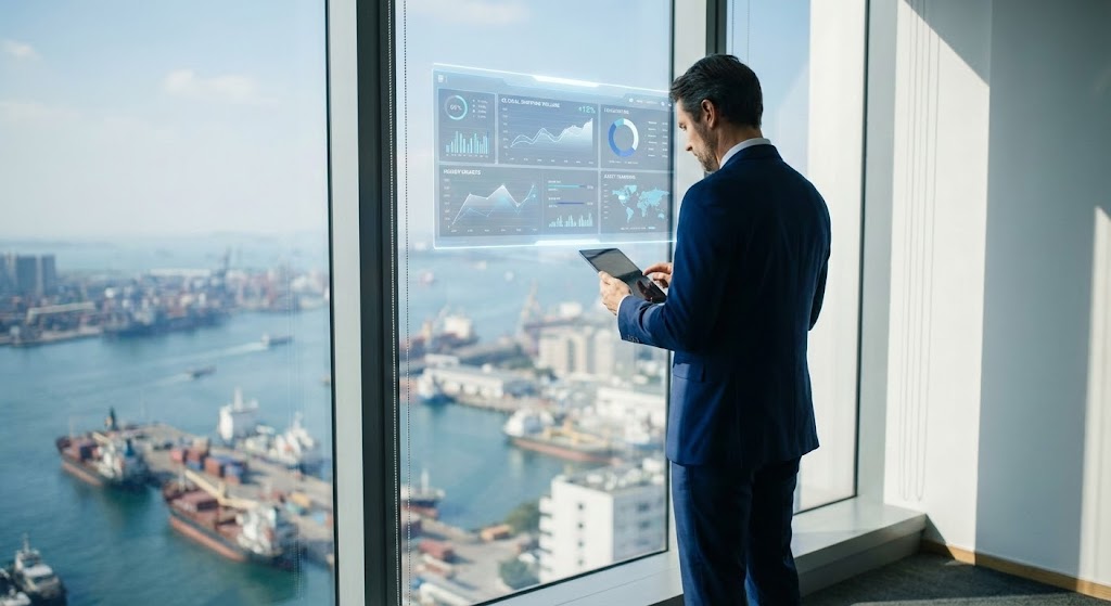 (Lifestyle Stock with UI Overlay): Executive Control – The Data-Driven Leader