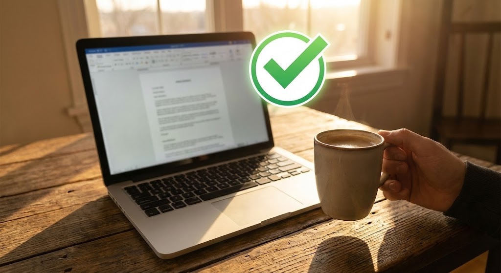 (Lifestyle Stock with UI Overlay): Success Checkmark + Reinforces Retention & Peace