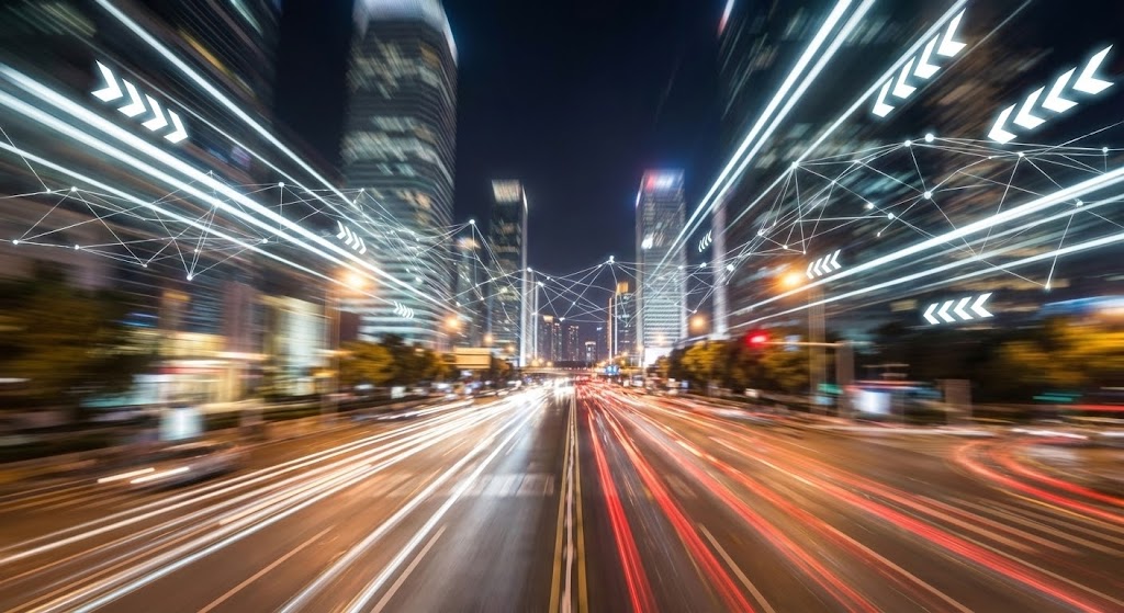 (Hyper-lapse Stock Footage): Data Streams + Symbolizes High-Velocity Growth