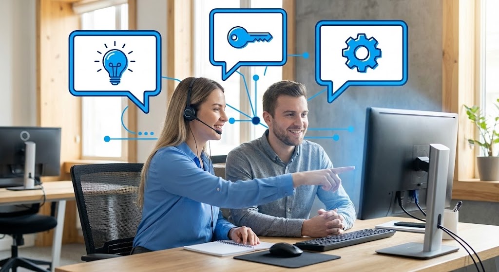 (2D Graphics Over Live Action): Solution Icons + Humanizes Support Interaction