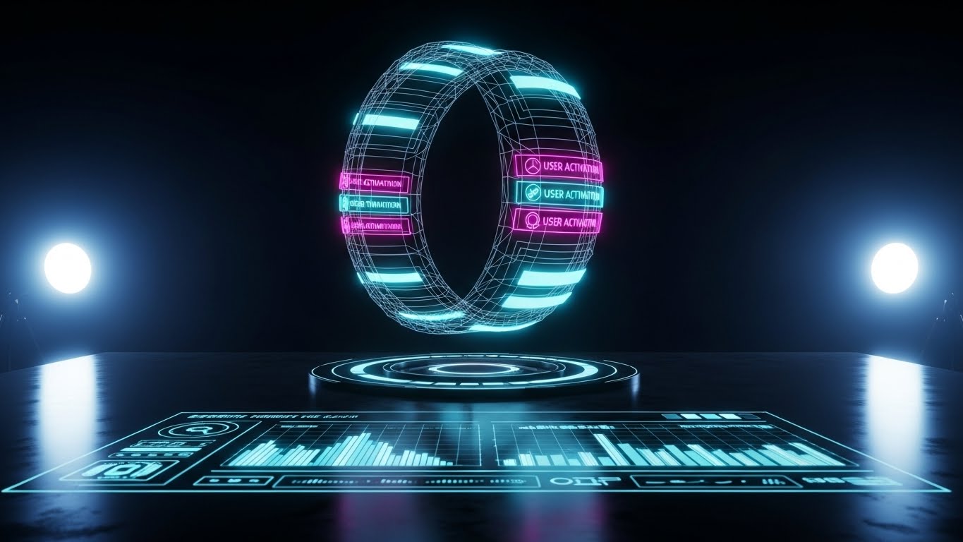 (Holographic UI over 3D Render): Neon Menu + Gamifies User Activation