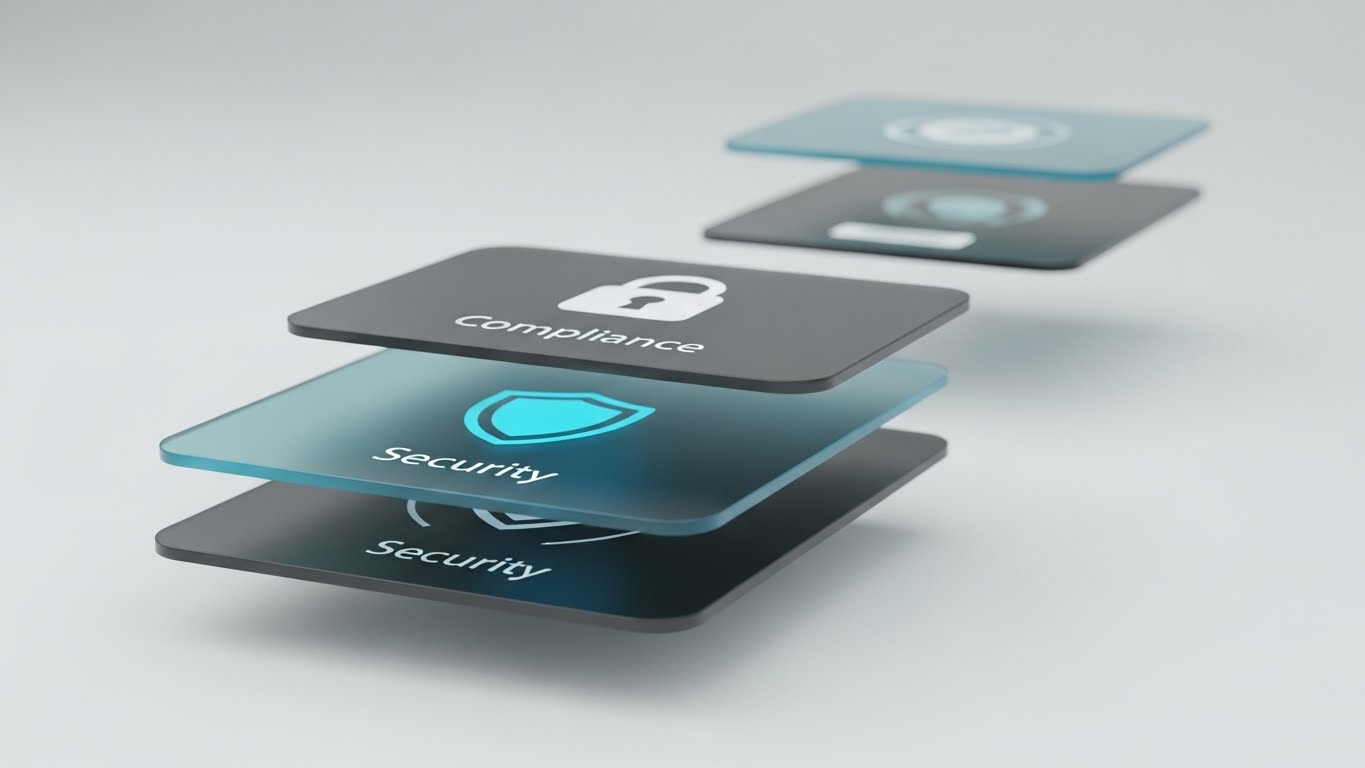 (3D Parallax UI Presentation): Depth of Compliance: Layered security verification.