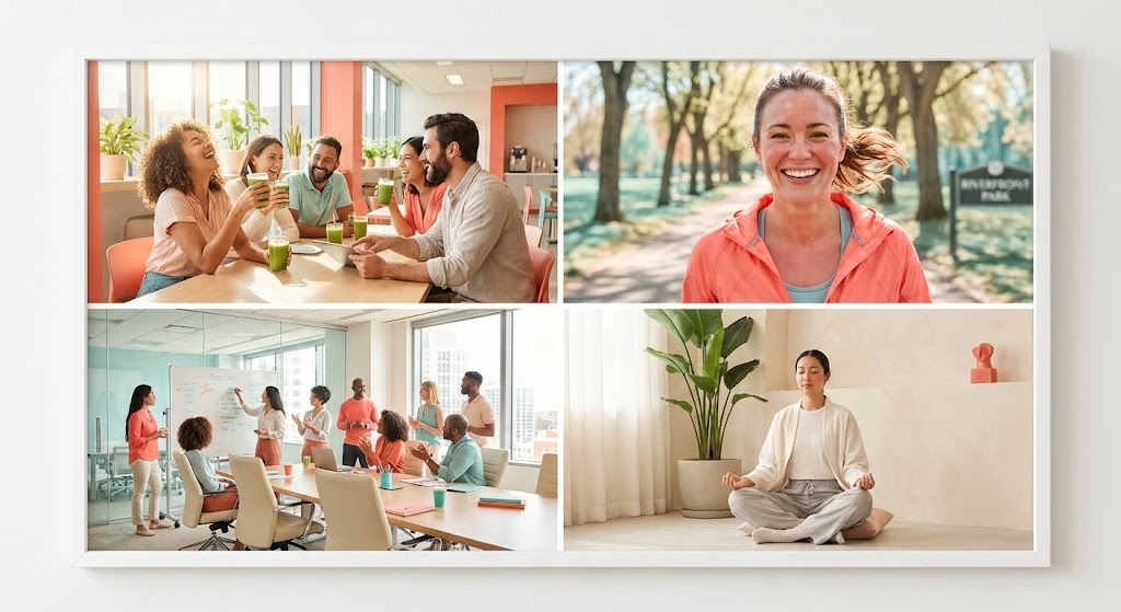 (Aspirational Stock Montage): Holistic Grid: Unifying diverse wellness pillars.