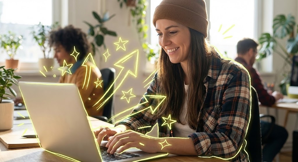 (2D Graphics Over Live Action): Neon Energy: Layering delight onto daily tasks.