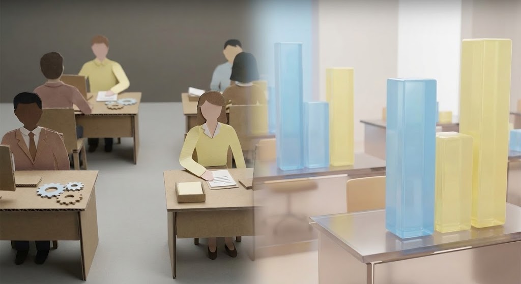 (AI generated mixed media video): Paper & Pixels: Humanizing productivity metrics.