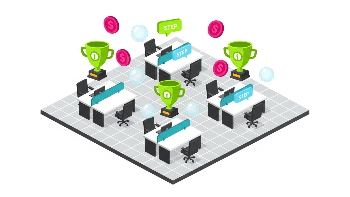 (Isometric 2D Motion Design): Gamified Grid: Structuring engagement rewards.