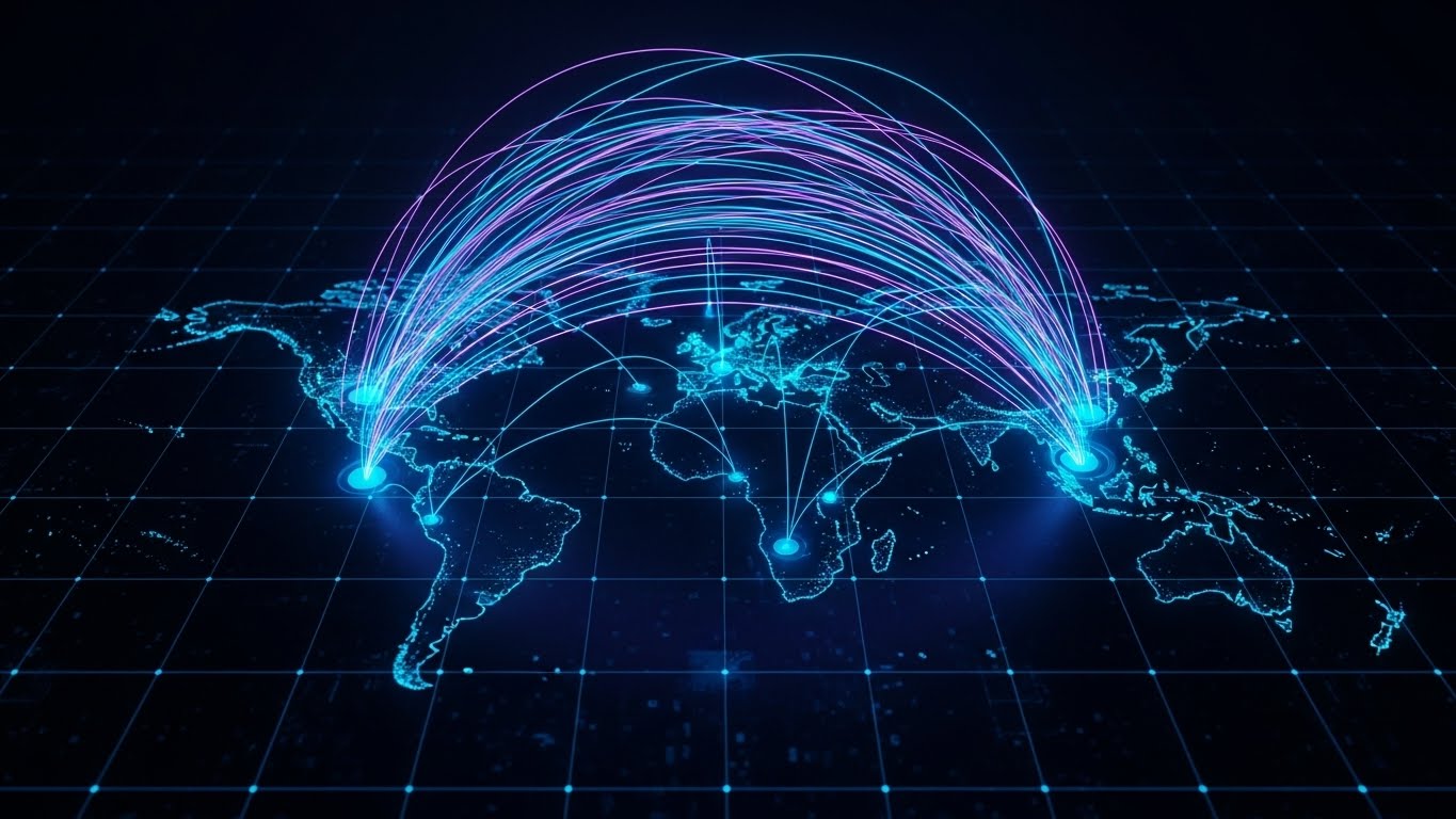 (Futuristic Neon/Dark Mode): Neon Network – Illuminating Global Reach