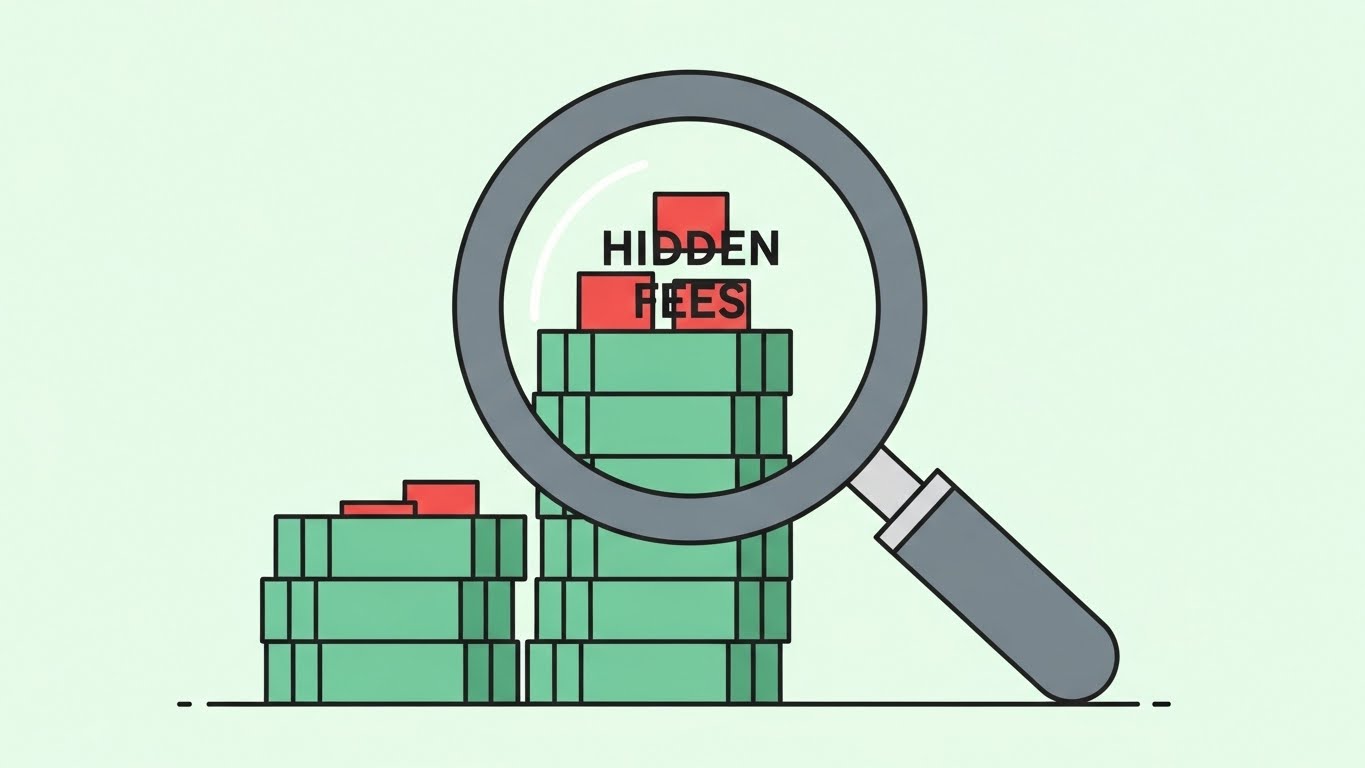 (Minimalist Flat 2D Vector): Magnifying Glass – Exposing Hidden Fees