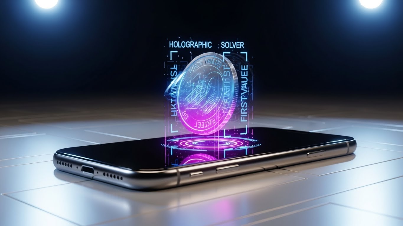 (Holographic UI over 3D Render): Holographic Coin – Confirming First Value