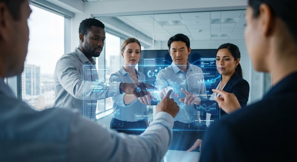 (Lifestyle Stock with UI Overlay): Team-Based Workflows – Visualizing Collaborative Security