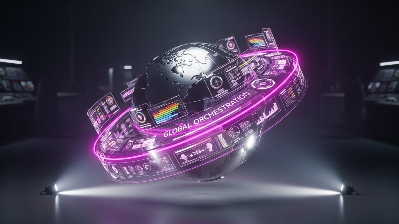 (Holographic UI over 3D Render): Planetary Orchestration – Visualizing Global Governance