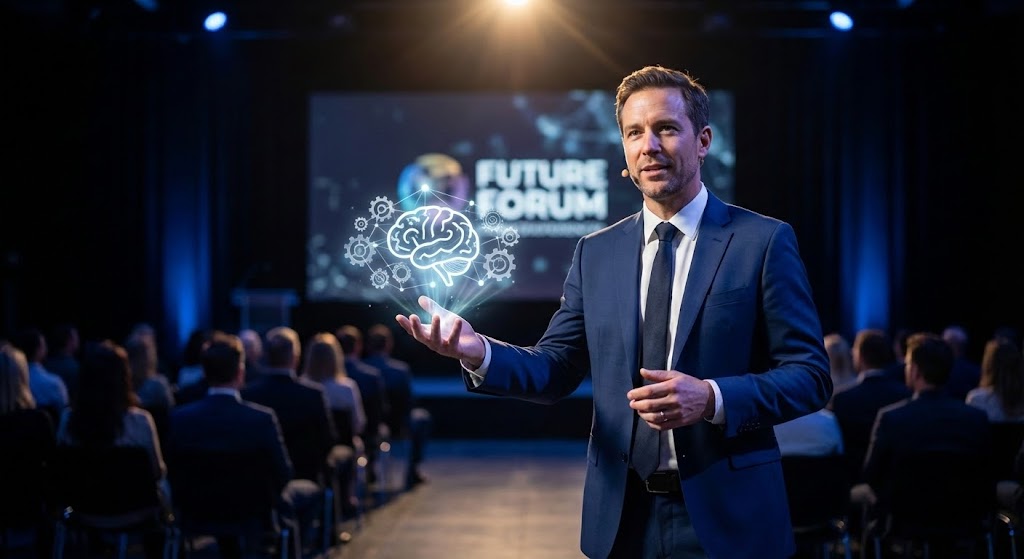 (Gen AI Realistic Character): The Keynote Speaker – Embodiment of Thought Leadership