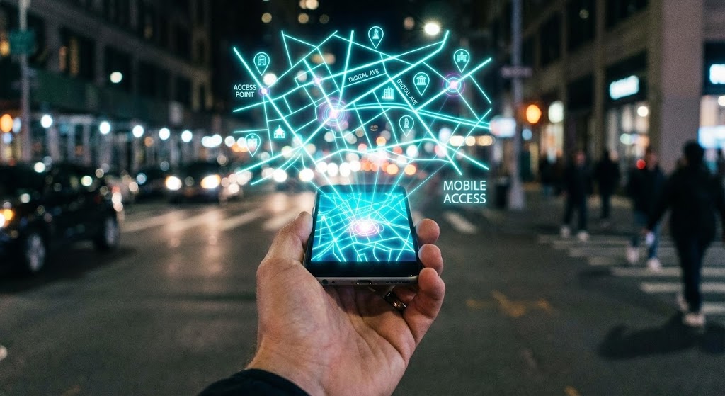 (2D over Live Action): Neon Map Overlay + Activating Mobile Access