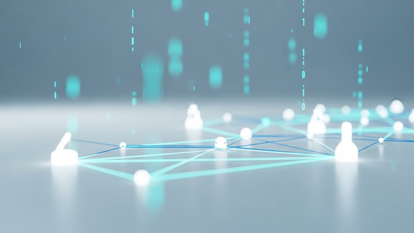 (Abstract 3D AI Visualization): Glowing Nodes + Projecting Algorithmic Intelligence