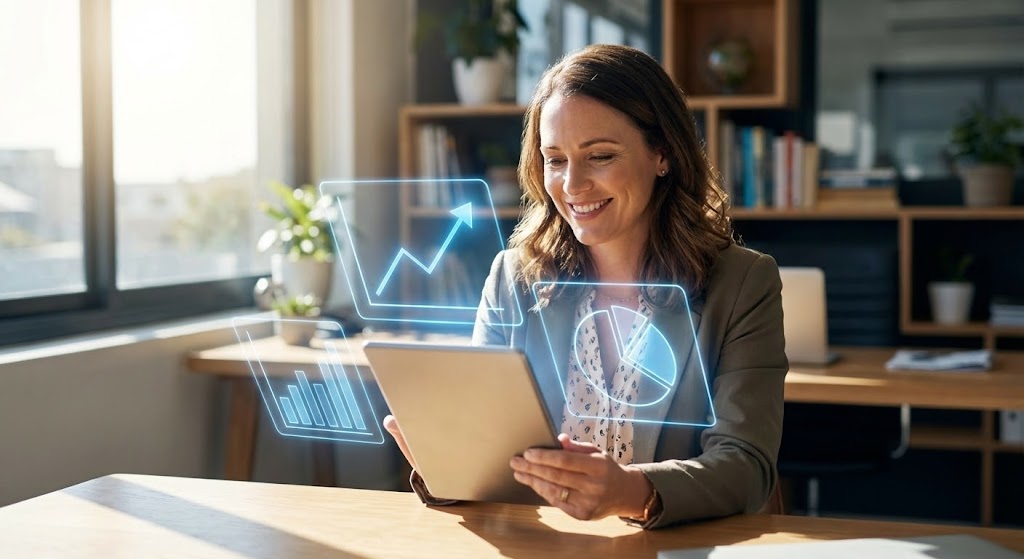 (Lifestyle Stock with UI Overlay): Human-Centric Interface + Augmented Intelligence