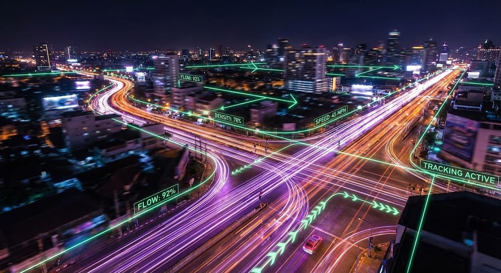 (Hyper-lapse Stock Footage with Data): Physical/Digital Metaphor + Real-Time Flow Analysis