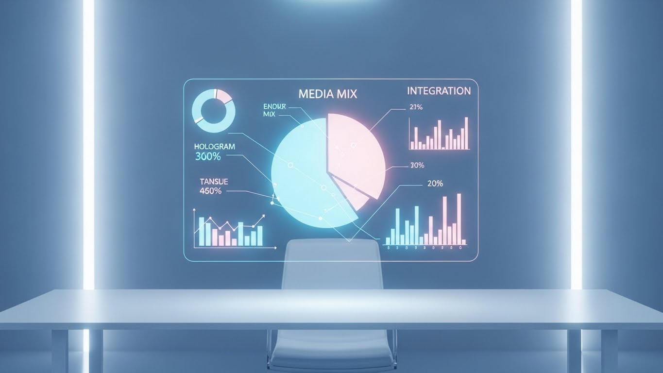 (Holographic UI over 3D Render): Clean Desk Integration + Unifying the Media Mix