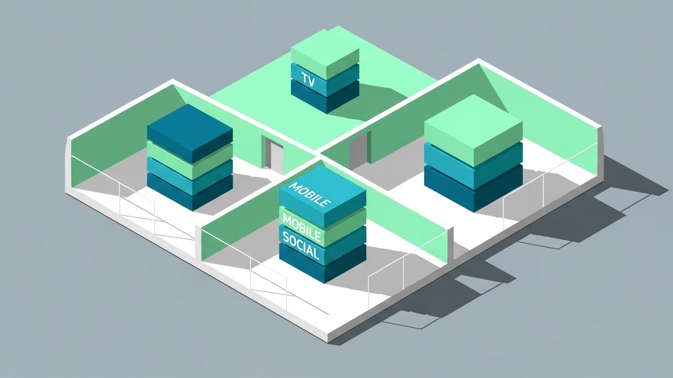 (Isometric 2D Motion Design): Organized Strategy Zones + Structured Media Allocation