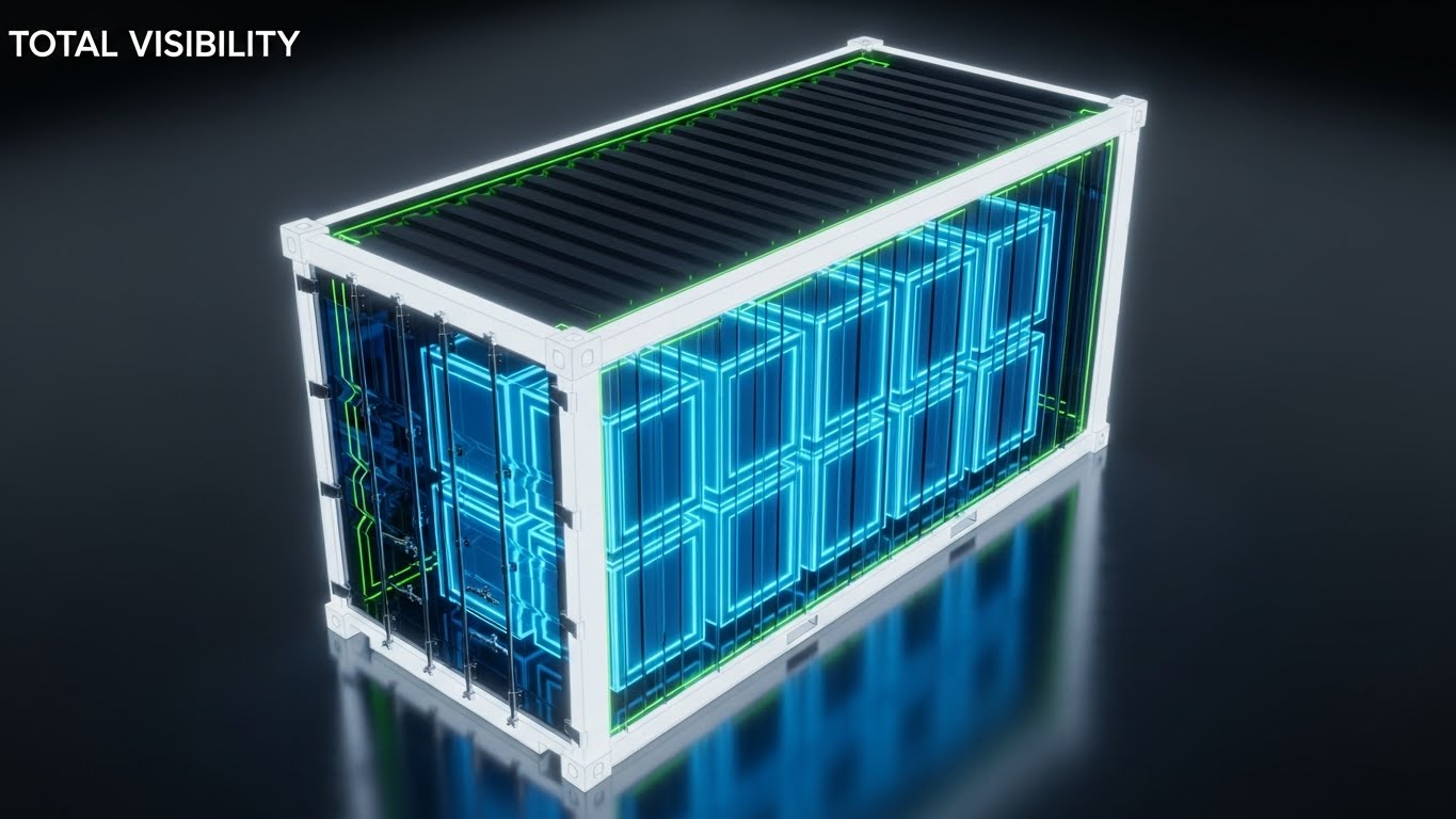 (3D X-Ray Visualization): Skeletal Container Mesh + Demonstrating Total Cargo Visibility