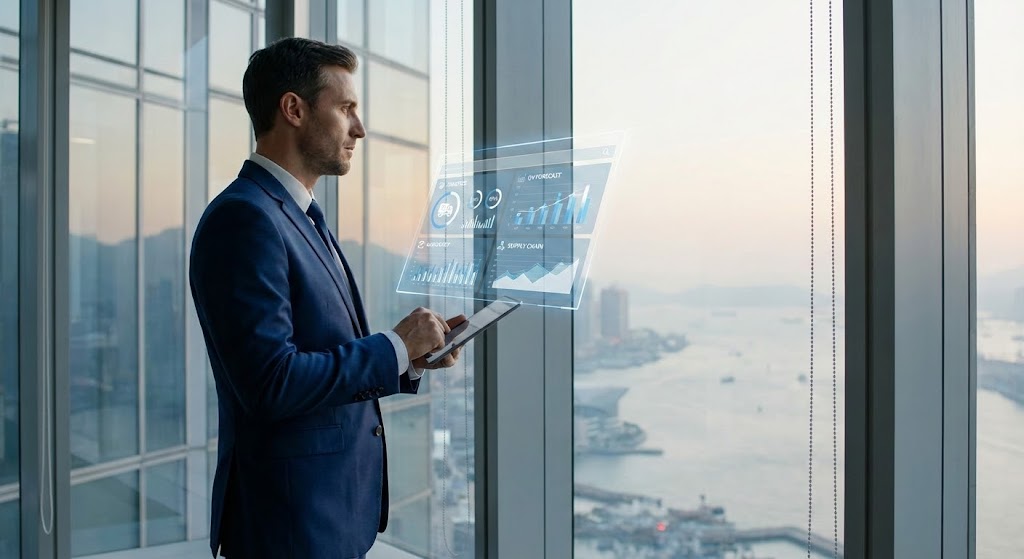 (Lifestyle Stock with UI Overlay): Executive Holographic HUD + Visualizing Strategic Oversight