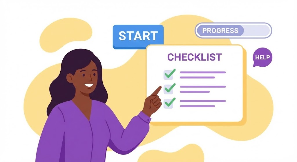 (2D Animation & UI Composition): Friendly Onboarding Character + Reducing Implementation Anxiety