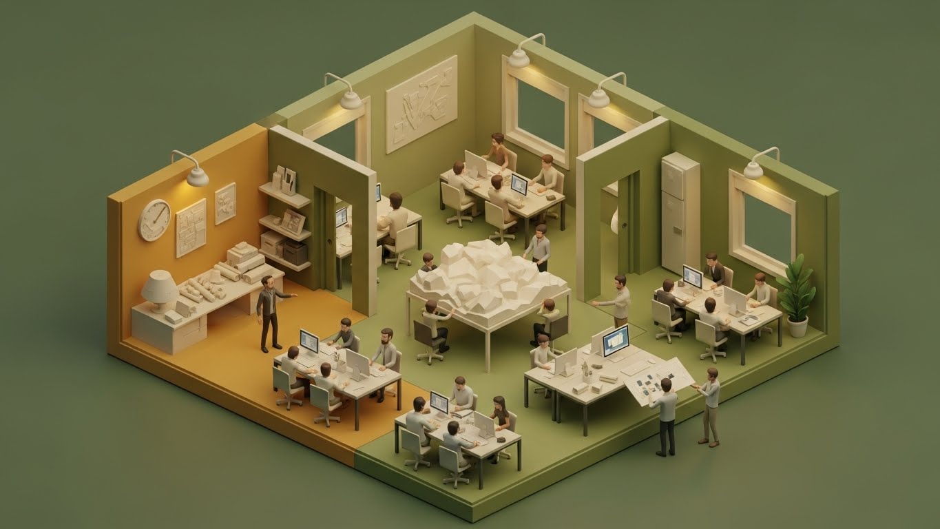 (Isometric 3D Workflow): The Digital Studio - Orchestrating Team Dynamics