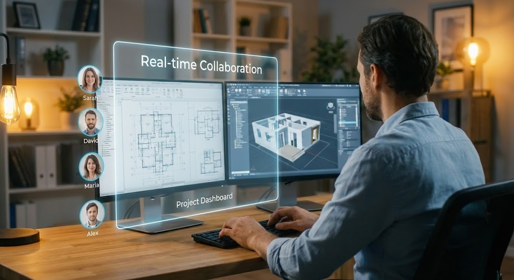 (Lifestyle Stock with UI Overlay): Human-Centric Interface - Visualizing Remote Collaboration