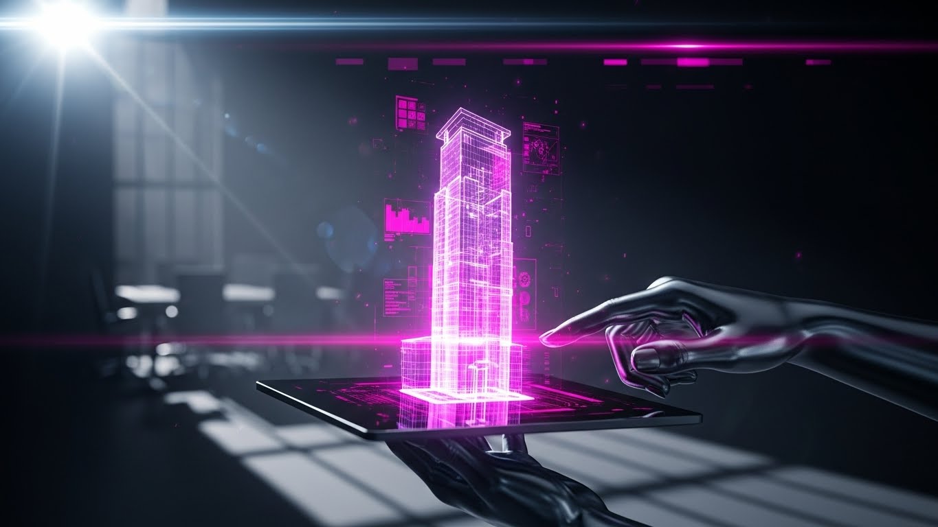 (Holographic UI over 3D Render): Volumetric Projection - Visualizing Instant Portability