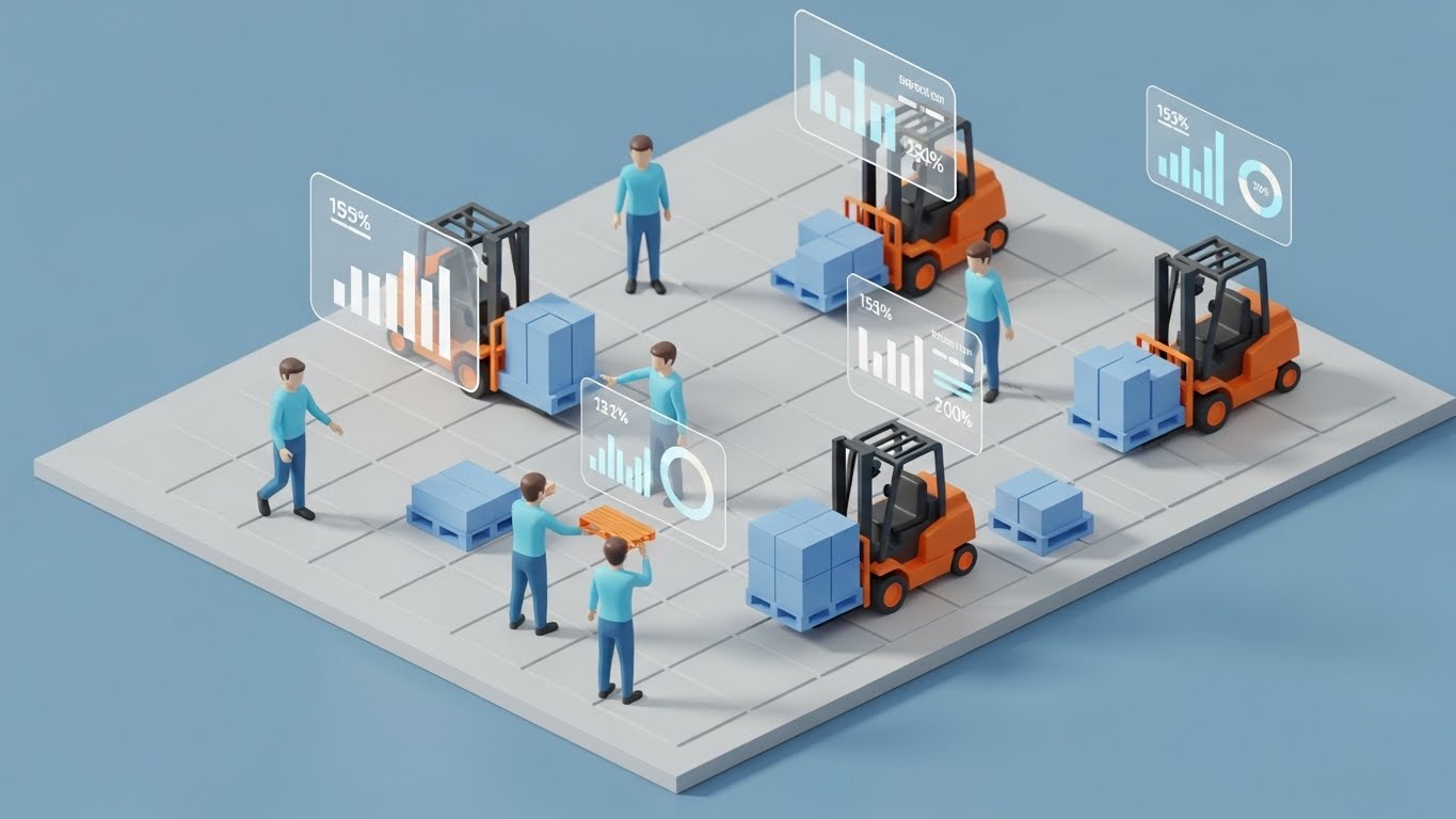 (Isometric 3D): Data Tiles Overlay The Warehouse Floor