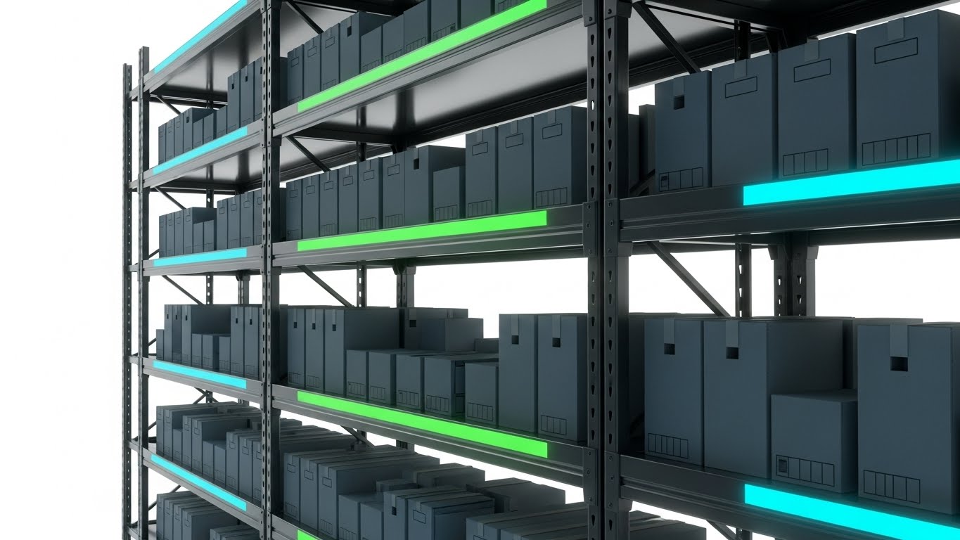 (Photorealistic 3D): Pristine Shelving Symbolizes Perfect Inventory