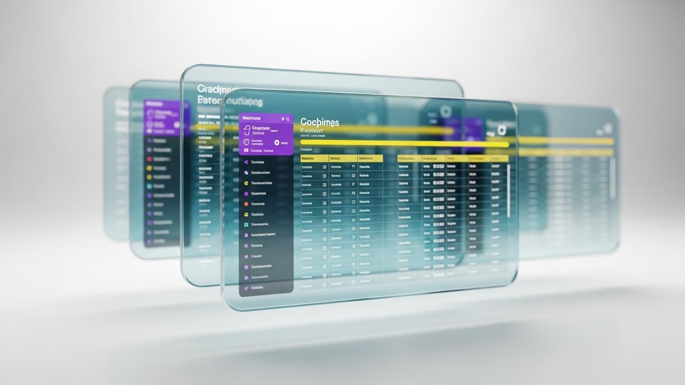 (3D Parallax UI Presentation): Layered Glass Screens Visualize Executive Oversight