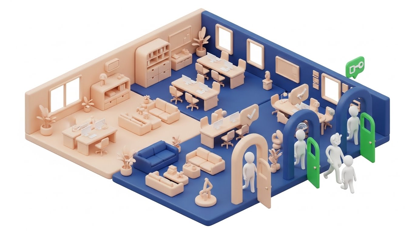 (Isometric 3D): Workflow Logic & Access Rights