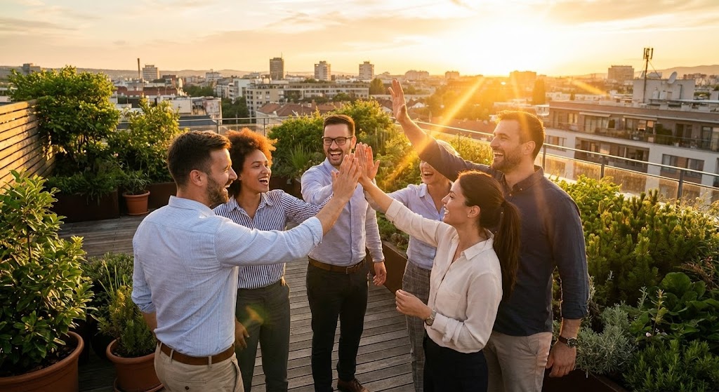 (Aspirational Stock Montage): Rooftop Victory - Team Success