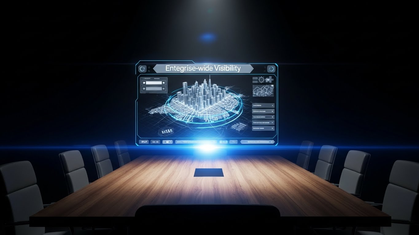 (Holographic UI over 3D Render): Boardroom Vision - Strategic Visibility