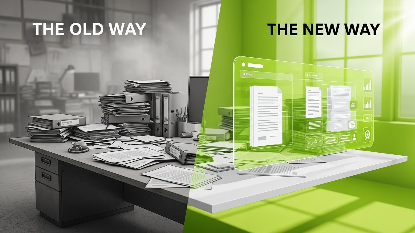 (Split Screen): Desk vs Hologram - Efficiency Contrast